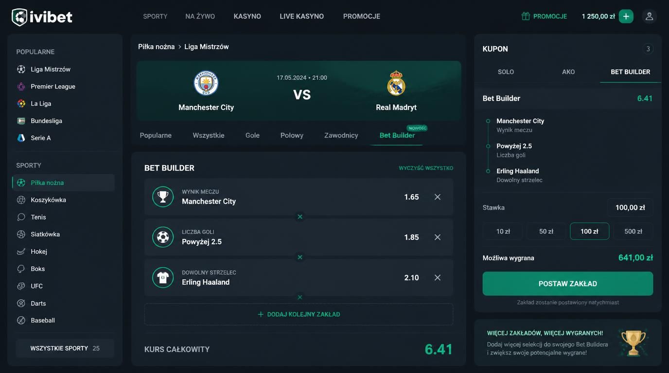 interfejs bet builder w ivibet casino z kursami i opcjami zakładów