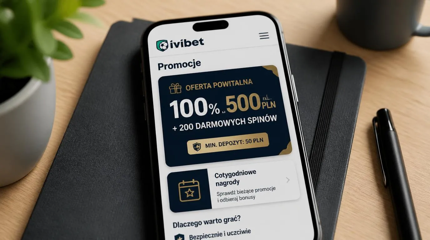 Ekran promocji kasyna z bonusem 100% do 500 PLN, 200 darmowymi spinami i minimalną wpłatą 50 PLN